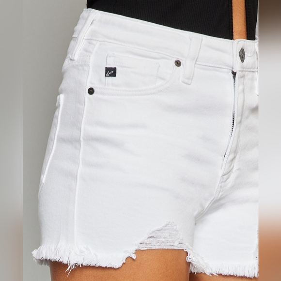 KanCan High Rise Waist Distressed White Denim Cut-off Frayed Hem Jean Shorts - Picture 5 of 16